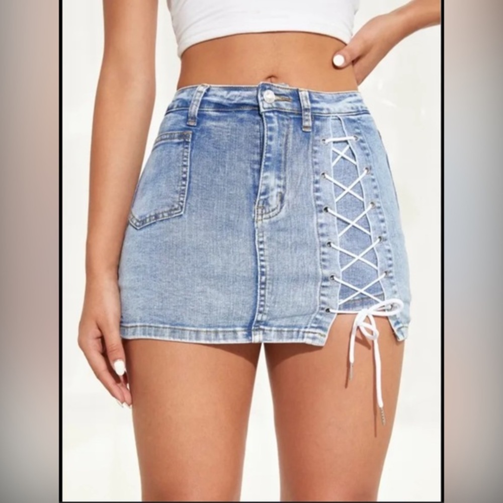 Casual Denim Short Skirt Lace-up Denim Skirt High Waist Hips-Wrapped Mini Skirt